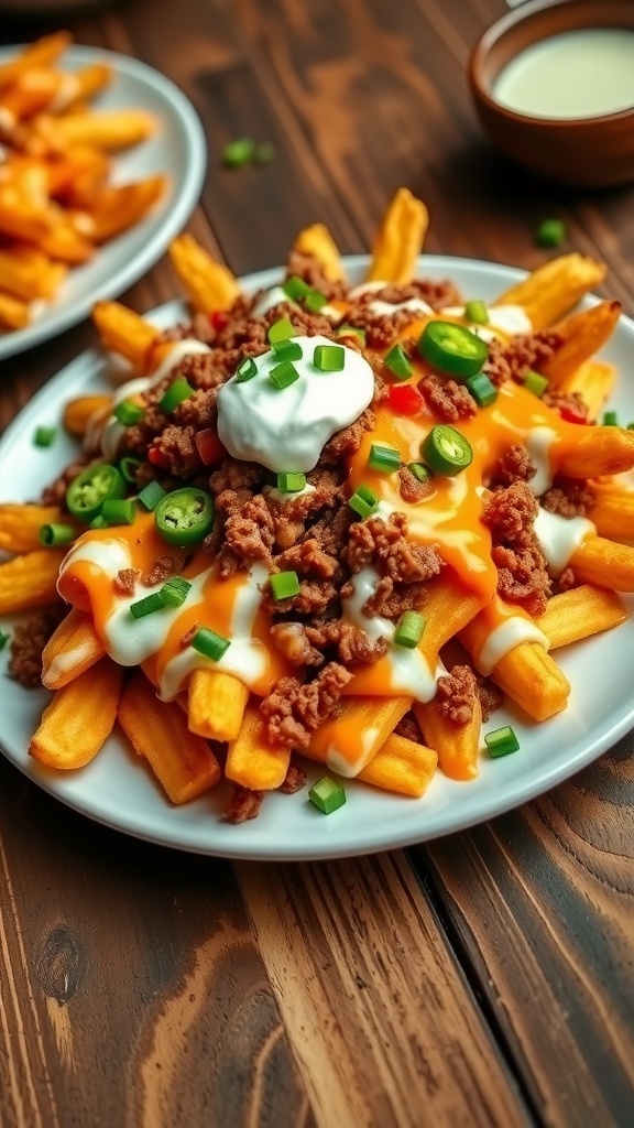 Loaded nacho fries with cheese, ground beef, jalapeños, and sour cream on a rustic table.